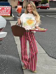 LIZAKOSHT - Fashion Red Multicolor Striped Pants For Women Casual High Waist Wide Loose Long Trouser Lady Spring Summer Vacation Pants
