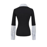LIZAKOSHT - Women Polo Collar Patchwork Button Up Stripes Print Long-Sleeve Shirt Blouse