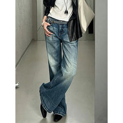LIZAKOSHT - Y2K Slim FWomen's Vintage Tie Dye Blue Straight Jeans Street Style Trousers Cool Girl Casual Bottoms Female High Waist Wide Leg