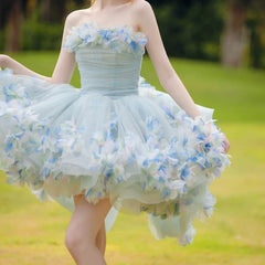 LIZAKOSHT - Blue Short Three Dimensional Flower Adult Ceremony Birthday Banquet Sweet Cocktail Party Blossoms Puffy Evening Dress
