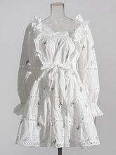 LIZAKOSHT - Embroidery Hollow Out Mini Dresses For Women Square Collar Puff Sleeve High Waist Printing Lace Up Dress Female Summer