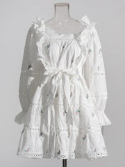 LIZAKOSHT - Embroidery Hollow Out Mini Dresses For Women Square Collar Puff Sleeve High Waist Printing Lace Up Dress Female Summer