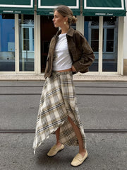 LIZAKOSHT - Women Casual Plaid Midi Skirt Chic Trendy Zip-up Asymmetrical Hem Skirt New Spring Summer Women Holiday Party Skirt