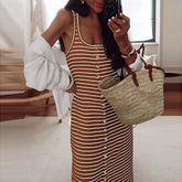 LIZAKOSHT - Lady Casual Striped Stitching Slim Dresses All Match Sleeveless U-Neck Summer Long Dress Elegant Women Buttoned Beach Dress
