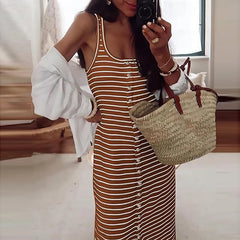 LIZAKOSHT - Lady Casual Striped Stitching Slim Dresses All Match Sleeveless U-Neck Summer Long Dress Elegant Women Buttoned Beach Dress