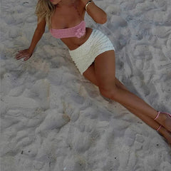 LIZAKOSHT - Sweet Sexy Women's Beading Halter Tops&Mini Skirts Suit 2025 Foreign Trade Knitted Two Piece Bikini Set Ladies Hot Summer Swim