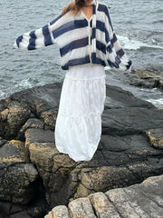 LIZAKOSHT - Vintage Contrast Striped Women Knit Cardigan Scarf Casual New Lady Fashion V Neck Lantern Sleeved Sweater Coat Cardigan