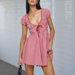 LIZAKOSHT - Summer Playsuit Women y2k Clothes Plaid Print Deep V Neck Short Sleeve High Waist Short Jumpsuit 2000s Streetwear