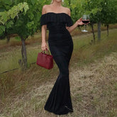 LIZAKOSHT - Lady Elegant Off Shoulder Bodycon Gown Women Casual Short Sleeve Solid Slim Birthday Dress Fashion Hight Waist Draped Long Dress