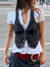 LIZAKOSHT  -  Women's Crop Denim Vest Y2k V-neck Sleeveless Single Breasted Short Female Waistcoat 2025 Spring Summer Lady Street Tops