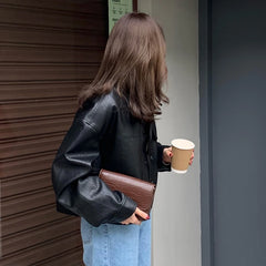 LIZAKOSHT - Y2K Cropped Pu Leather Jacket Women Streetwear Black Motorcycle Coat Bf Harajuku Vintage Pocket Casual Outwear Tops New