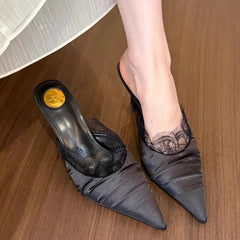 LIZAKOSHT - Pointed Toe Mules For Women 2025 Female Shoes Slippers Summer Thin Heels Lace Slides New Cover High Sexy Thin Heels Slippers Wom