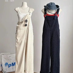 LIZAKOSHT - Overalls Polka Dots Korean Leisure Fashion Sleeveless Loose Jumpsuit Womens Ladies Pockets Wide Leg Pants Long Trousers