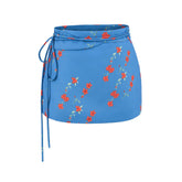 LIZAKOSHT - Summer Girl Bandage Lacing Up Sashes Ruched Waist Blue Floral Print Mini Skirts Fashion Women Zip up Waist A-lined Short Skirts