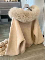 LIZAKOSHT - Women Hooded Crop Knitted Cardigan Autumn Winter Loose Lazy Wind Casual Sweater Fur Collar Patchwork Soft Female Preppy Outwear