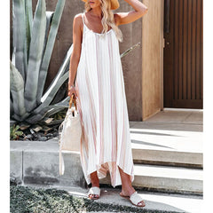 LIZAKOSHT - Womens Spring Strappy Striped Long Maxi Dress Ladies Summer Loose Beach Holiday Straight Sundress For Free Shipping