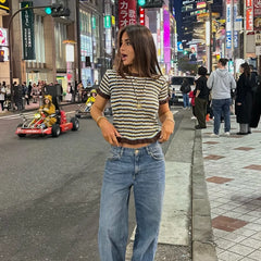 LIZAKOSHT - Summer Women's T-Shirt Tops 2025 New Chic Elastic Slim O-neck Striped Tops Women's Street Fashion Joker Youth Knitted T-Shirt