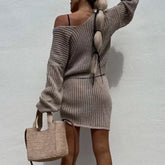 LIZAKOSHT - Sexy Drawstring Beach Knit Outfits 2024 Women Solid Navel Long Sleeve Pullover&Mini Skirt Set Asymmetric Two Piece Dresses Suit