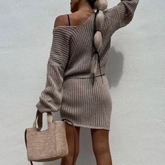 LIZAKOSHT - Sexy Drawstring Beach Knit Outfits 2024 Women Solid Navel Long Sleeve Pullover&Mini Skirt Set Asymmetric Two Piece Dresses Suit