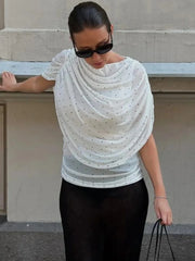 LIZAKOSHT - Women's Summer Polka Dot Print Shawl Tops High Street Ladies Fashion Sexy Folds Slim T-shirt Holiday Party Tee Shirts