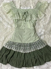 LIZAKOSHT  -  Sweet 2-piece Set Sexy Lace Top T-shirt Y2k Womens Dresses Kawaii Goth Short Sleeve Vintage Mini Skirt Summer Harajuku Korea 90s