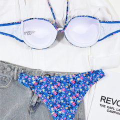 LIZAKOSHT - Beach Set Sexy Ladies Halter Collar Back Push Up Floral Bikini Set Padded Bra Swimwear Swim Bikini Women Suit Swimsuit Beachwear