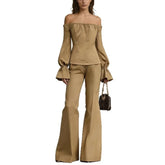 LIZAKOSHT - 2026 New Bubble Sleeve Temperament Off-the-shoulder One-word Collar Fashion Women's Top Wide-leg Pants Two-piece Set