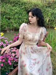 LIZAKOSHT - Summer Romantic Vintage Lace Puff Sleeve France Dress Women Floral Print Square Collar Holiday Dress Female Patchwork Vestidos