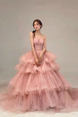 LIZAKOSHT - Sweet Pink Prom Dresses Flounce Applique Tulle Sleeveless Woman Ribbon Ball Gown Bridesmaid Plus Size Party Evening Gowns 2024