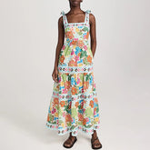 LIZAKOSHT - Fashion Floral Print Tie Up Pleated Holiday Dresses Summer Spaghetti Strap Long Dress Boho Sleeveless Low Cut Beach Sexy Dress