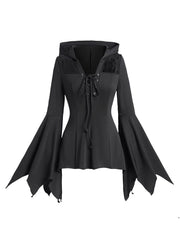 LIZAKOSHT - Lace Panel Flare Sleeve Hooded Top Plain Color Lace Up Long Sleeve Gothic Top Spring Fall Black Tops New