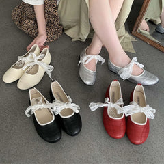 LIZAKOSHT - Fashion Round Toe Ballet Flats Women Butterfly-knot New Concise Casual Flat Shoes Comfy Silvery Brand Designer Women Shoes