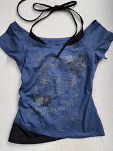 LIZAKOSHT - Retro Millennium Blue Fake Two Piece Halter Neck Letter Print T-Shirt Women Fashion Street Hot Girl Slim Fit Casual Y2K Top