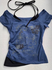 LIZAKOSHT - Retro Millennium Blue Fake Two Piece Halter Neck Letter Print T-Shirt Women Fashion Street Hot Girl Slim Fit Casual Y2K Top