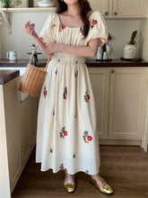 LIZAKOSHT - Beige Women Long Dress Florals Embroidery Fashion Summer Holiday Puff Sleeve Princess Sweet Chic Elegant Daily