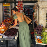 LIZAKOSHT - Summer Square Neck Short Sleeved Women's Party Dress Casual Beach Long Dresses Sexy Backless Lace Up Pleated Holiday Dress