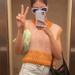 LIZAKOSHT - Fall Hand-knitted Stitching Color Loose Matching Sweater Vest Pink Orange Ladies New Round Neck Versatile Sleeveless Vest