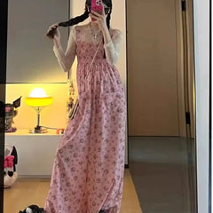 LIZAKOSHT - Braces Trousers Dopamine Pink Floral Fashion Women'S 2024 New Oversize Wide-Leg Casual Floor Mopping Pants Summer