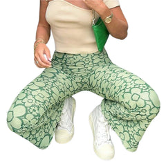 LIZAKOSHT - Y2K Aesthetic Streetwear Fashion Joggers 90s Vintage Floral Print Flare Pants Women Casual Slim Fit High Waist Trousers