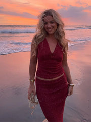 LIZAKOSHT - 3D Flower Shiny Knitted Skirts Outfits Women Elegant Halter Sleeveless Backless Suits Female 2025 Summer Chic Fashion Beach Sets