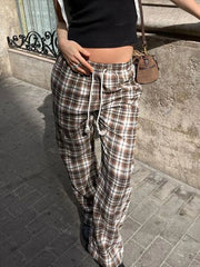 LIZAKOSHT - Streetwear Drawstring Plaid Pants Elastic Waisted Fashion Casual Sweatpants Harajuku Aesthetic Y2K Straight Pants