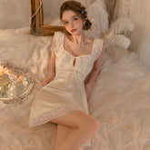 LIZAKOSHT - Sexy Lingerie Pajamas Summer Women's Sleepwear New Pure Ice Silk Lace Nightgown Small Chest Pajama Sleep Dress