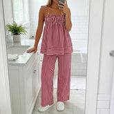 LIZAKOSHT - Women Summer Striped 2 Piece Outfits Casual Sleeveless Tie Strap Babydoll Tank Top Pants Sets Sleepwear Y2K Lounge Matching Suit