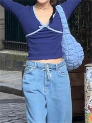 LIZAKOSHT Contrast V-Neck Tee Bow T-shirt Pullover Cropped Y2k Top Summer Elegant Long Sleeve Female Crop top Tee Cute T-Shirts New