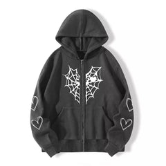 LIZAKOSHT - Thi Heartaped Printed Zipper Warm Hooded Cardigan Long Sve Mid-Length Polyester Women's Sweatirt Faion Autumn