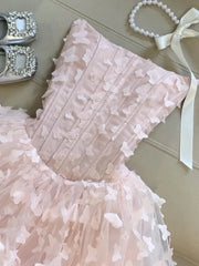 LIZAKOSHT - Women Strapless Pink Dress Summer Sweet Butterfly Mesh Mini Dress Slim Elegant Fairy Style Layered Ruffle Skirt Princess Outfits