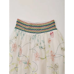 LIZAKOSHT - 2024 Women Vintage Elastic High Waist Floral Embroidery Midi Skirt Holiday Summer Boho Skirts