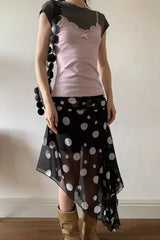 LIZAKOSHT - summer fashion on the new Korean wear black polka dot irregular mesh stitching design long skirt skirt