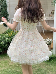 LIZAKOSHT - Square Collar Causal Lace Patchwork Women Dress All Match Floral Print Dresses Chic Fashion Elegant Vestido De Mujer