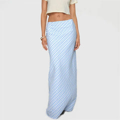 LIZAKOSHT - y2k Long Skirt Women Summer Grunge Clothes Sky Blue Plaid Print Low Waist Straight Loose Skirts Ladies Club Streetwear